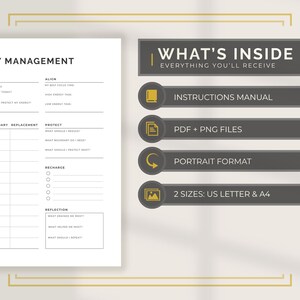 May include: A white energy management worksheet with sections for tracking, aligning, and reflecting. The image also shows a dark gray banner with the text "WHAT'S INSIDE" and details about the included files, format, and sizes.