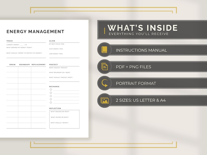 May include: A white energy management worksheet with sections for tracking, aligning, and reflecting. The image also shows a dark gray banner with the text "WHAT'S INSIDE" and details about the included files, format, and sizes.