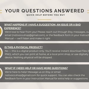 May include: A graphic with the text "YOUR QUESTIONS ANSWERED" and three numbered questions. The questions address suggestions, physical product inquiries, and help requests, with contact information provided for support.