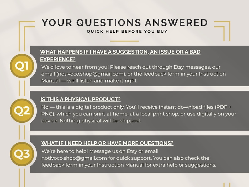 May include: A graphic with the text "YOUR QUESTIONS ANSWERED" and three numbered questions. The questions address suggestions, physical product inquiries, and help requests, with contact information provided for support.