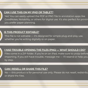 K&ouml;nnte beinhalten: Grafik mit FAQs zu einem digitalen Produkt, mit vier Fragen und Antworten. Die fettgedruckten Fragen behandeln iPad-Nutzung, Bearbeitbarkeit, Datei&ouml;ffnung und Weiterverkauf. Grauer Hintergrund mit goldenen Akzenten.