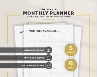 Undated Monthly Planner Printable Minimal Simple Monthly Calendar PDF PNG Monday Sunday Start Portrait Landscape