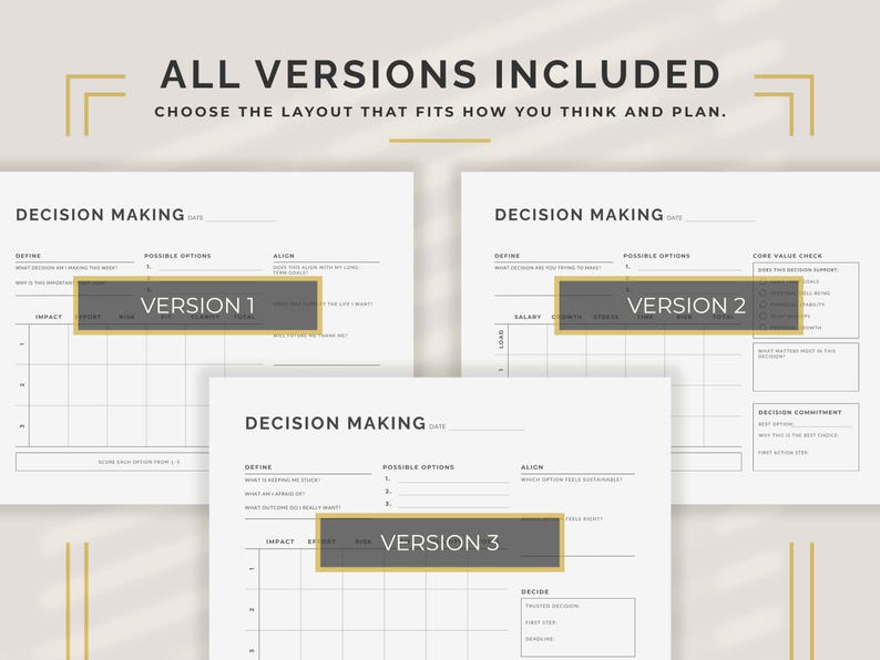 May include: A set of three decision-making templates with the text "ALL VERSIONS INCLUDED" and "CHOOSE THE LAYOUT THAT FITS HOW YOU THINK AND PLAN." Each template is labeled "VERSION 1", "VERSION 2", and "VERSION 3". The templates are in black and white.