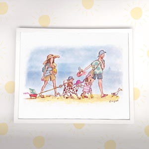 Family of five at the seaside art print