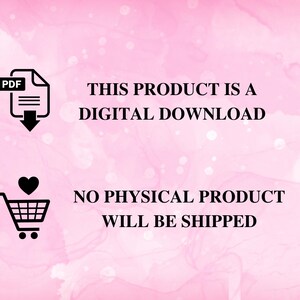 May include: Pink background with text stating "THIS PRODUCT IS A DIGITAL DOWNLOAD" and "NO PHYSICAL PRODUCT WILL BE SHIPPED." Includes a PDF icon and a shopping cart icon with a heart.