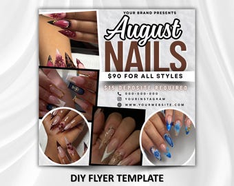 Folleto de reserva de uñas de agosto, folleto de uñas para la vuelta al cole, folleto de ofertas especiales de uñas, folleto de lista de precios de uñas, folleto de estilista de uñas, plantilla editable de Canva