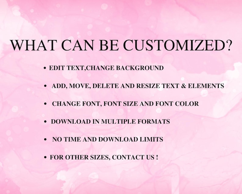 May include: A pink and white graphic with the text "WHAT CAN BE CUSTOMIZED?" followed by a bulleted list: edit text, change background, add/move/delete text, change font, download in multiple formats, no time limits, and contact for other sizes.