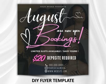 Prospectus de réservation d'août, Prospectus de la rentrée scolaire, Prospectus de rendez-vous d'août, Cheveux, Ongles, Maquillage, Cils, Conception de modèle de Flyer DIY, Toile modifiable