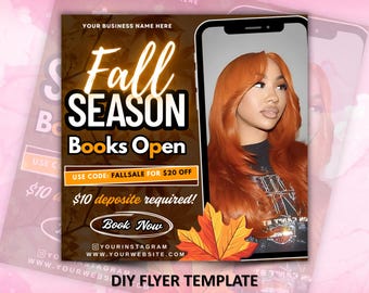 Fall Season Booking Flyer, Fall Szn Sale, September Booking Flyer, Fall Season Lash Nails Braids MUA Autumn Flyer, Fall Wig Install Flyer