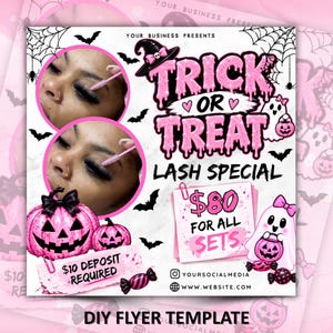 Puede incluir: Una plantilla de folleto cuadrada con temática de Halloween en rosa y negro con el texto Trick or Treat Lash Special. Incluye dos fotos circulares de pestañas siendo cepilladas, calabazas rosas, un fantasma, murciélagos y una nota de 80 $ por set.