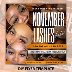 Può includere: Un volantino promozionale per le ciglia di novembre. Il volantino presenta tre immagini circolari di occhi con lunghe ciglia. Il testo recita "November Lashes" e "$80 per tutti i set di ciglia". Il volantino include anche il testo "Book Now!"