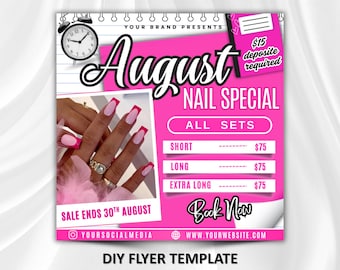 Folleto de reservas de uñas de agosto, folleto de uñas para la vuelta al cole, folleto de ofertas especiales de uñas, folleto de lista de precios de uñas, folleto de estilista de uñas, editable en Canva
