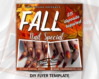 May include: A promotional flyer for a fall nail special. The design features the word "FALL" in large white letters, with autumn leaves. The flyer includes images of long, pointed nails with a gradient color scheme. Text includes "Nail Special" and "Book Now".