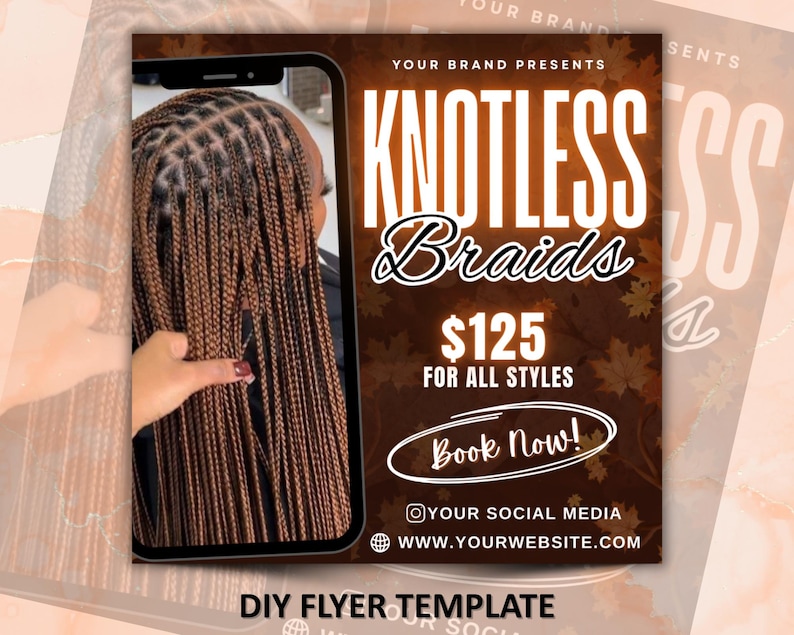 Fall Knotless Braids Flyer,Fall Bookings Flyer, Fall Hair Specials Flyer, Braid Sale Flyer, Braids special Flyer,  Canva editable template