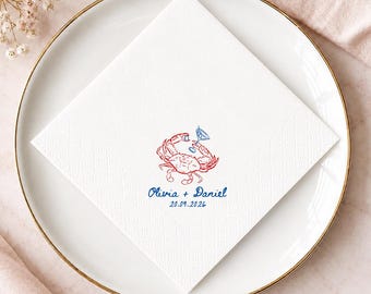 Custom Crab Napkins, Coastal Wedding Decor, Nautical Cocktail Party Supplies
