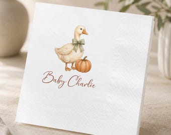 Fall Duck Baby Shower Custom Napkins, Pumpkin Baby Sprinkle Decor, Watercolor Little Duckling Cocktail Napkins, Autumn Favors