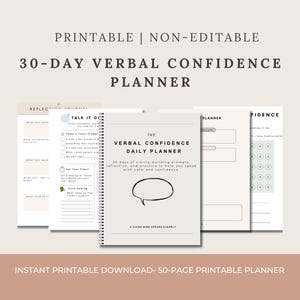 Puede incluir: Un planificador de confianza verbal de 30 días, imprimible y no editable. El planificador incluye indicaciones diarias para la reflexión y la práctica para ayudar a mejorar la expresión oral con calma y confianza. La portada presenta el texto "The Verbal Confidence Daily Planner."