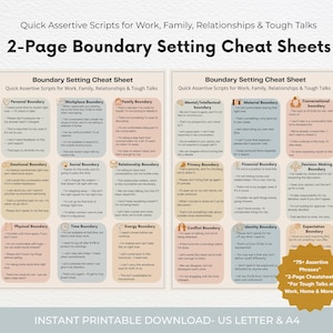 Può includere: Due pagine di foglietti stampabili per l'impostazione dei confini con frasi assertive per il lavoro, la famiglia e le relazioni. I fogli sono beige con accenti rosa e gialli e includono sezioni sui confini personali, lavorativi e familiari.
