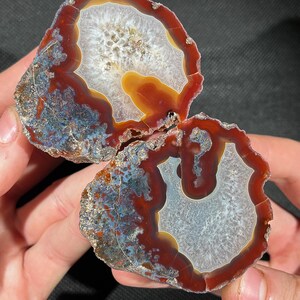 May include: Two halves of a polished agate stone, showcasing a vibrant display of natural colors. The stone features a deep red outer band, transitioning to orange and white crystalline formations in the center. The outer edge has a rough, textured surface.