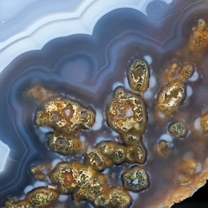 Op de afbeelding: Een gepolijste agaatplak met concentrische banden van doorschijnend lichtblauw en grijs, rondom een centrale cluster van getextureerde, goudbruine mineraalinsluitingen met kristallijne, sprankelende oppervlakken en onregelmatige, organische vormen.