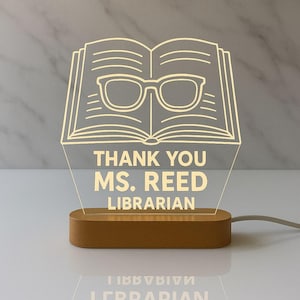 Librarian Custom Night Light Personalized LED Lamp with Laser Engraved Acrylic Design and Wooden Base Gift