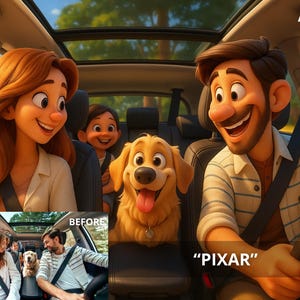 Retrato de desenho animado personalizado no estilo Pixar | Arte digital personalizada de casais, famílias e animais de estimação | Ilustração de presente exclusiva
