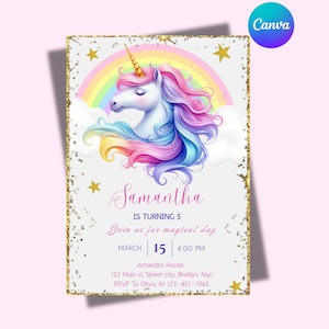 Unicorn Rainbow Birthday Invitation: Girl&#39;s Party, Pink Theme (Digital Download, PDF Template)