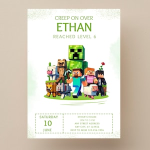 編集可能なMinecraft誕生日招待状、サイズ5×7、ビデオゲーム誕生日招待状、誕生日カード、女の子男の子誕生日、デジタル招待状
