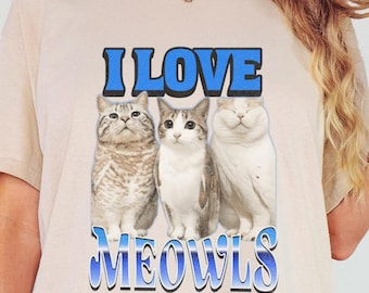 I Love Meowls Meme Cat Shirt, 90s Bootleg Retro Graphic T-Shirt, Funny TikTok Cat Owl Hybrid Humor Top, Vintage Blue Font Unisex Gift Tee