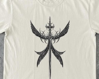 Dark Gothic Angel Sword Shirt, Winged Medieval Blade Graphic Tee, Fantasy Warrior Art T-Shirt, Occult Metal Aesthetic Unisex Top