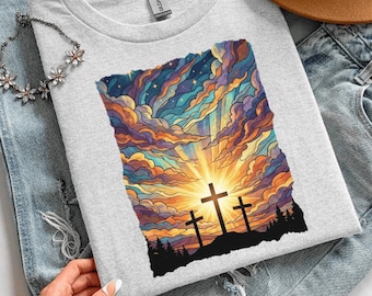 Three Crosses Christian T Shirt, Colorful Sunset Faith Shirt, Unisex Easter Religious Tee, Inspirational Cross Portrait Gift for Men Women
