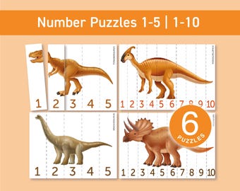 Dinosaur Number Puzzles 1-20: Preschool Math Printables (PDF Download A4/US Letter Size)