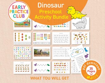 Puede incluir: Un paquete de actividades preescolares de dinosaurios que incluye 35 páginas de hojas de trabajo educativas imprimibles. La colección contiene ejercicios de conteo, trazos, páginas para colorear y juegos de patrones con dinosaurios.