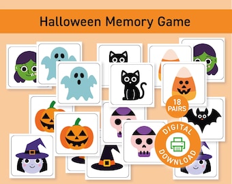 May include: Halloween Memory Game featuring 18 pairs of cards with spooky illustrations. The cards include ghosts, pumpkins, witches, cats, skulls, bats, and candy corn. The game is a digital download.