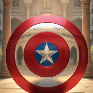 May include: A red, white, and blue shield with a silver star in the center. The shield has a circular design with a red outer ring, a silver middle ring, and a blue center with a white star. The shield is a prop.