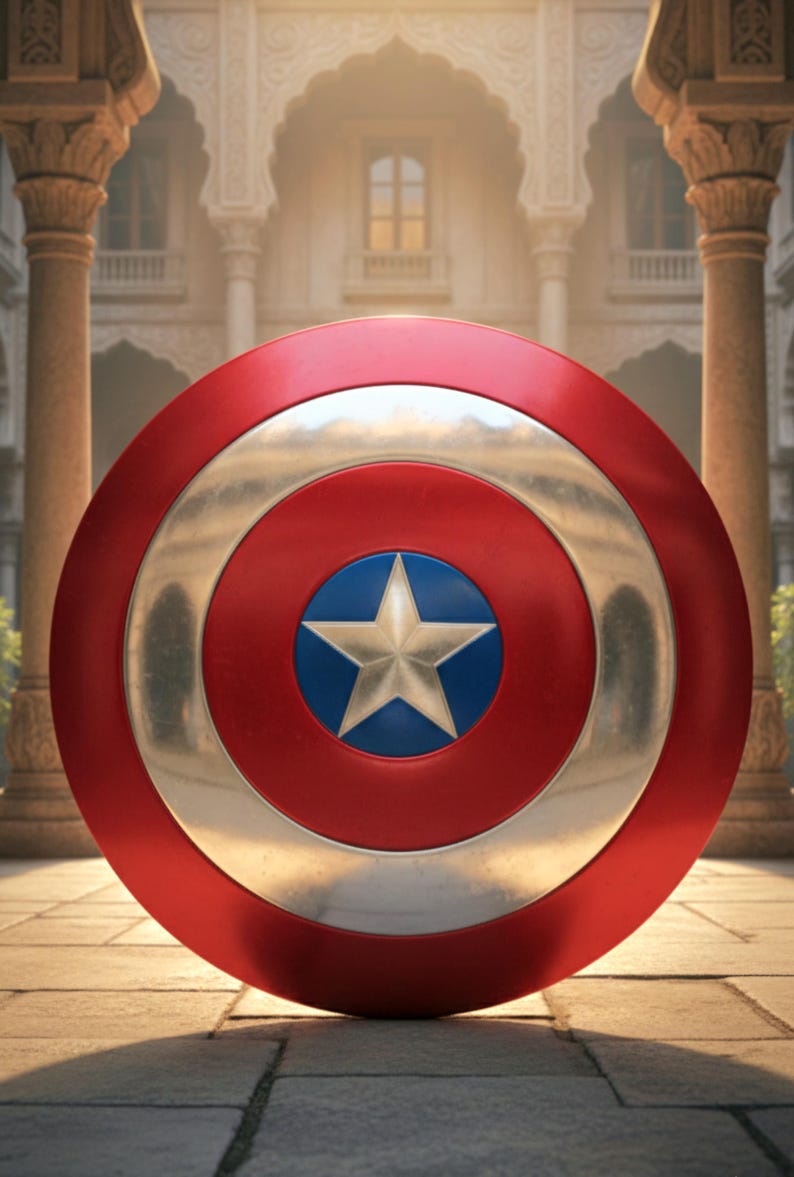 May include: A red, white, and blue shield with a silver star in the center. The shield has a circular design with a red outer ring, a silver middle ring, and a blue center with a white star. The shield is a prop.