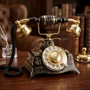 Puede incluir: Un teléfono de disco de estilo vintage con una base negra con grabados florales dorados, un disco de marcado dorado con los números del cero al nueve y un auricular negro y dorado a juego conectado por un cable negro en espiral.