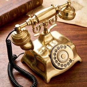 Könnte beinhalten: Ein Vintage-Drehwähltelefon aus Messing mit einem schwarzen Spiralkabel. Das Telefon hat ein klassisches Design mit Hörer, Wählscheibe mit Zahlen und einem Sockel. Das Telefon steht auf einer Holzoberfläche.