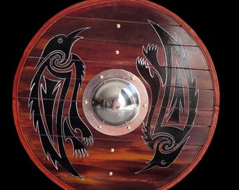 24-Inch Raven Viking Shield – Hand-Painted Battleworn Norse Decor