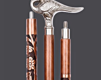 Canne en bois sculptée à la main avec poignée en laiton paon, finition chromée, canne royale vintage