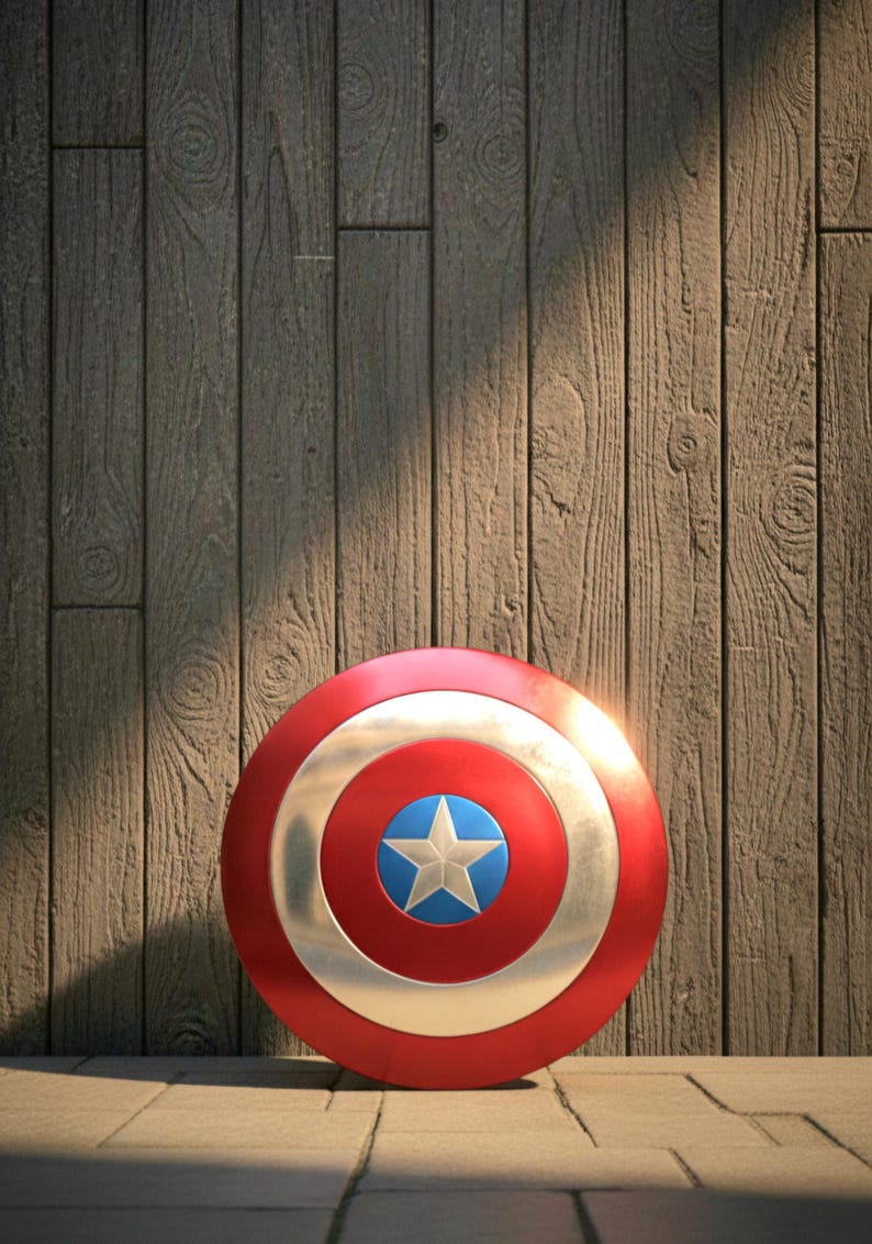 May include: A red, white, and blue Captain America shield with a star emblem. The shield is round and metallic, resting on a stone surface against a wooden background. The shield is a popular item for cosplay and superhero fans.