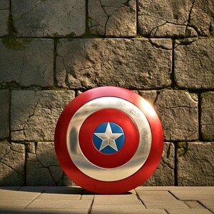 May include: A red, white, and blue shield with a star emblem. The shield is circular with a silver ring and a blue center featuring a white star. The shield is set against a weathered stone wall.