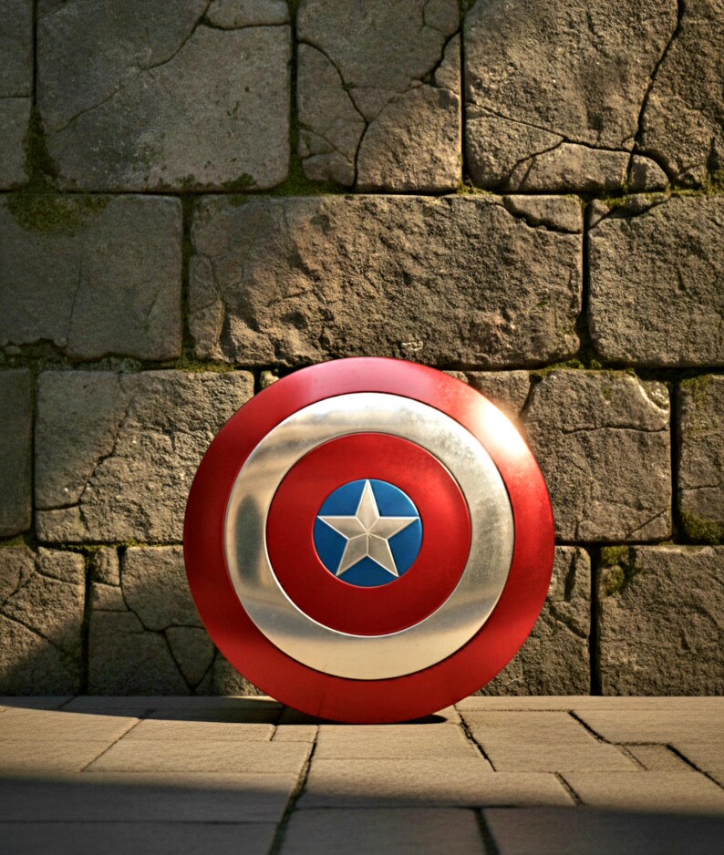 May include: A red, white, and blue shield with a star emblem. The shield is circular with a silver ring and a blue center featuring a white star. The shield is set against a weathered stone wall.