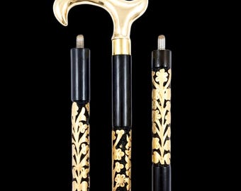 Hand Carved Wooden Walking Cane with Brass Derby Handle Vintage Royal Floral Walking Stick