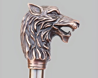 Handmade Wolf Head Walking Stick Wooden Cane with Antique Brass Handle Vintage Gentleman Cane