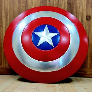 May include: A red, white, and blue shield with a star in the center. The shield has a silver ring around a blue circle with a white star. The outer ring is red.
