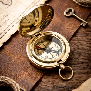 May include: A vintage brass compass with an open lid, revealing the compass dial and needle. The compass rests on a brown leather surface, accompanied by a key, a map fragment, and a coil of rope. The compass measures approximately 2 inches in diameter.