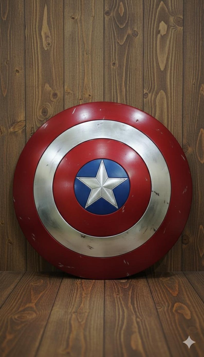 May include: A round shield with a red outer ring, a silver inner ring, and a blue center with a silver star. The shield is displayed against a wooden background.
