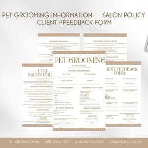 May include: A pet grooming information set with forms for salon policy, client feedback, and owner information. The forms are beige with gold text and decorative elements. A keyboard, coffee cup, and glasses are also on the white surface.
