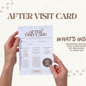 May include: A white "After Visit Card" is held by two hands. The card has the text "After Visit Card" and "What's Inside?" with a list of services, notes, and tips. Paw prints are in the background.